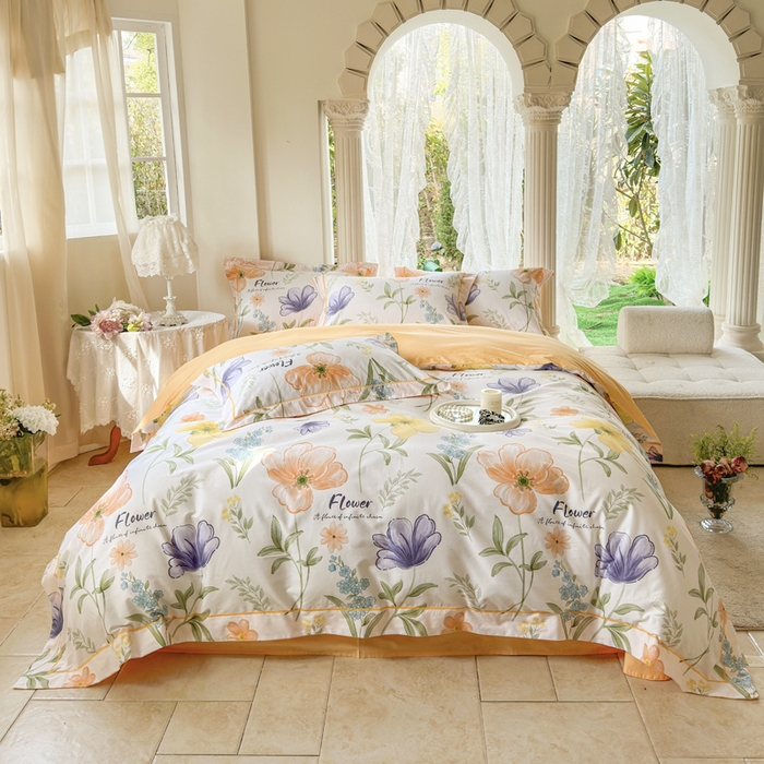 91家纺网 家纺一手货源 找家纺 7V 小清新大宽边100%纯棉法式四件套轻奢13376全棉喷气宽幅长绒棉被套床单床笠套件 半夏花海