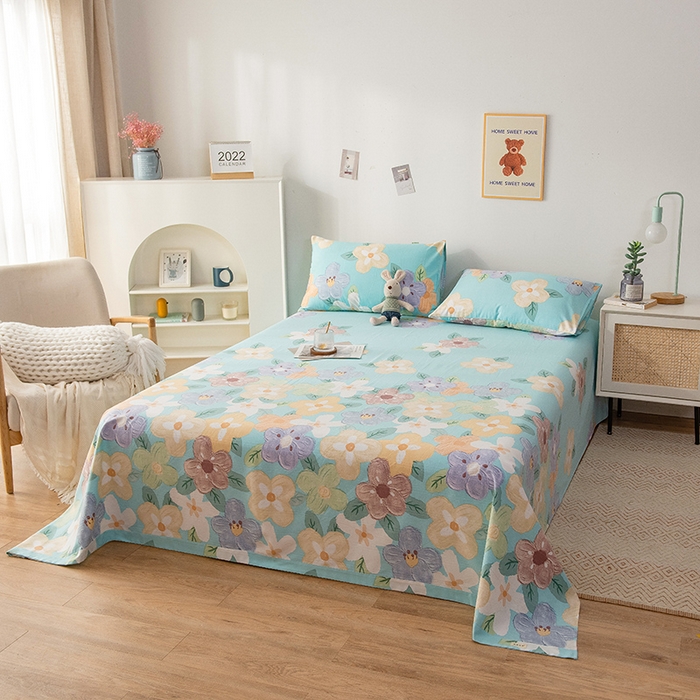 91家纺网 家纺一手货源 找家纺 芃成 2024新款老粗布床笠款 总2 幸运花朵 蓝