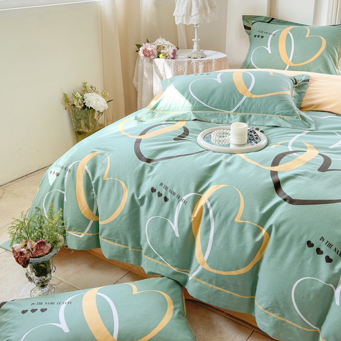 91家纺网 家纺一手货源 找家纺 7V 小清新大宽边100%纯棉法式四件套轻奢13376全棉喷气宽幅长绒棉被套床单床笠套件 圈点幸福