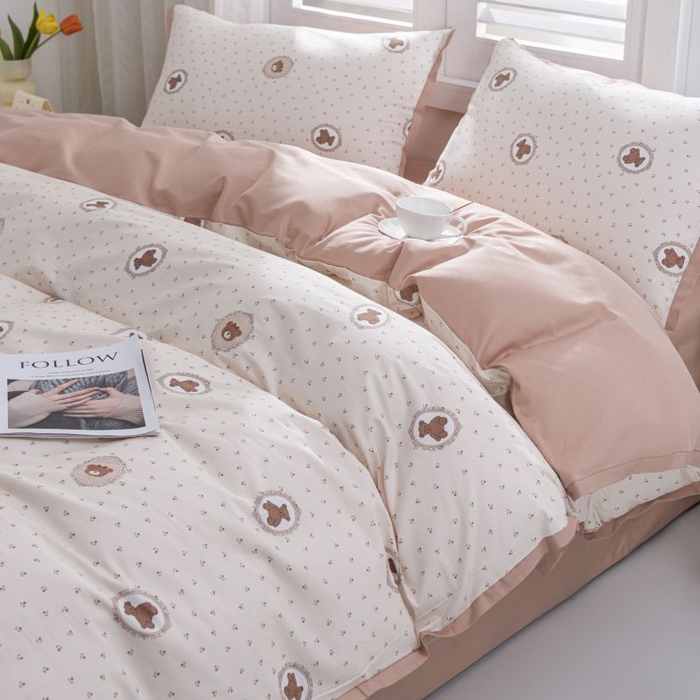 91家纺网 家纺一手货源 找家纺 优姿家纺 新款纯棉长绒棉小清新ins风印花四件套-系列一 梦露熊