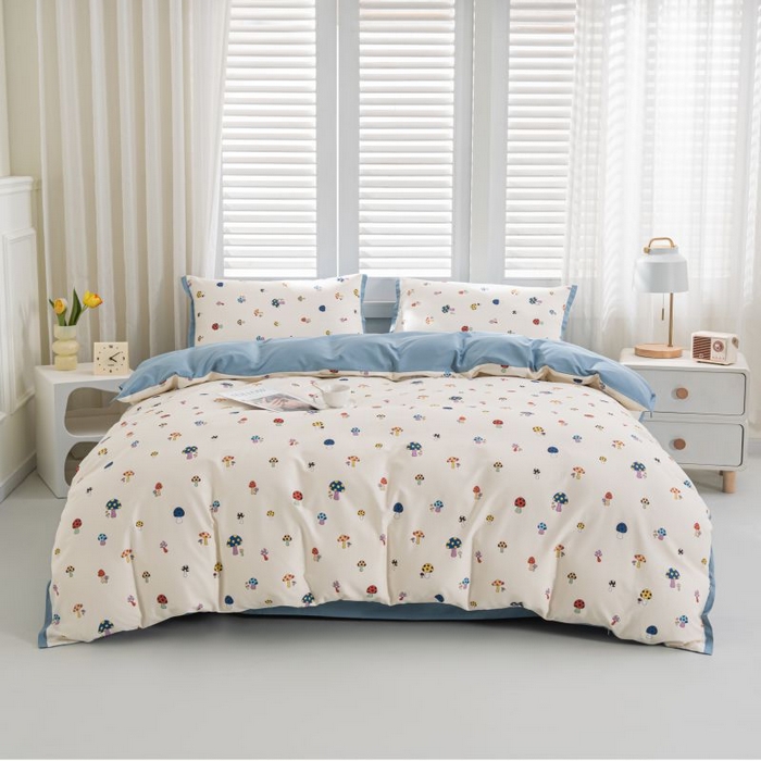 91家纺网 家纺一手货源 找家纺 优姿家纺 新款纯棉长绒棉小清新ins风印花四件套-系列一 彩蘑菇