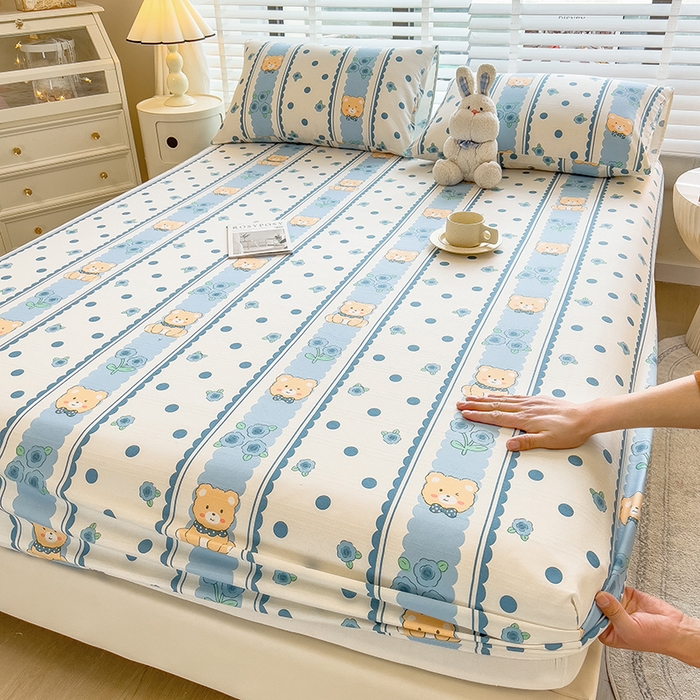 91家纺网 家纺一手货源 找家纺 芃成 2024新款老粗布床笠款 总2 小熊乐园-蓝