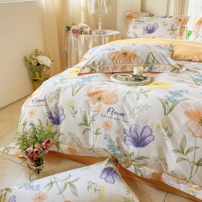 91家纺网 家纺一手货源 找家纺 7V 小清新大宽边100%纯棉法式四件套轻奢13376全棉喷气宽幅长绒棉被套床单床笠套件 半夏花海