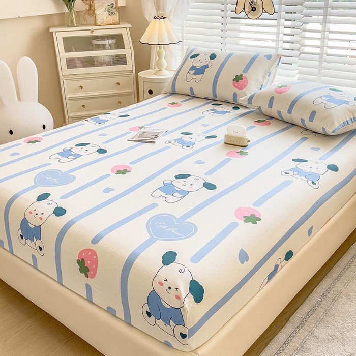 91家纺网 家纺一手货源 找家纺 芃成 2024新款老粗布床笠款 总2 小萌狗-蓝