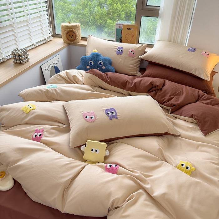 91家纺网 家纺一手货源 找家纺 曼谷 年新款多巴胺毛巾绣四件套柔软磨毛床上用品水洗棉套件 多巴胺-奶茶咖啡