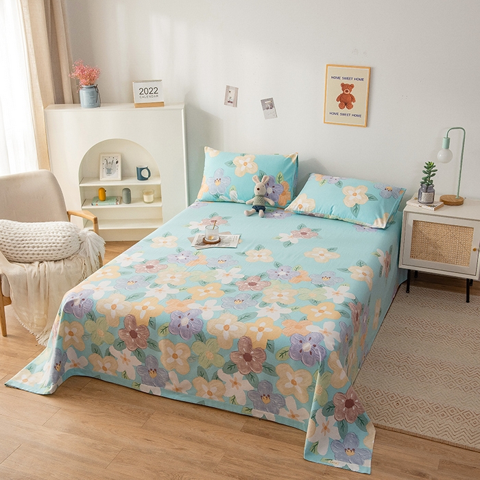 91家纺网 家纺一手货源 找家纺 芃成 2024新款老粗布床笠款 总2 幸运花朵 蓝