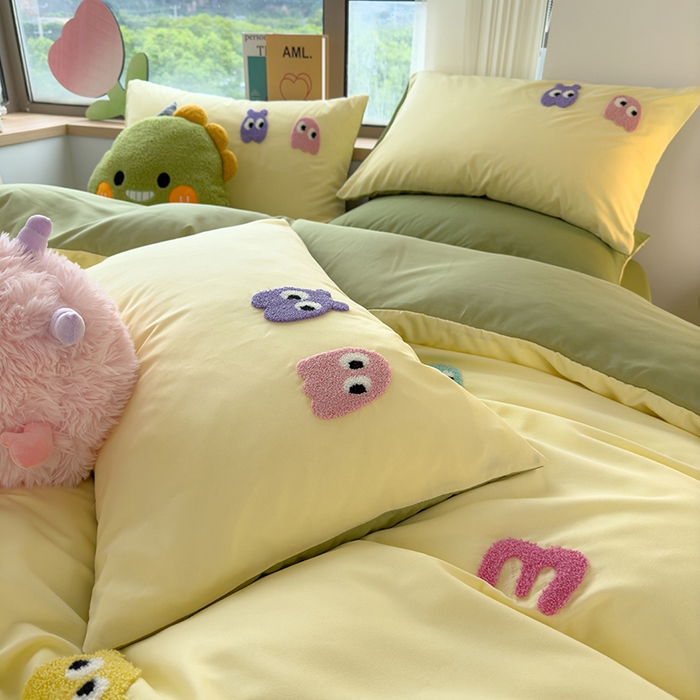 91家纺网 家纺一手货源 找家纺 曼谷 年新款多巴胺毛巾绣四件套柔软磨毛床上用品水洗棉套件 多巴胺-奶黄清绿