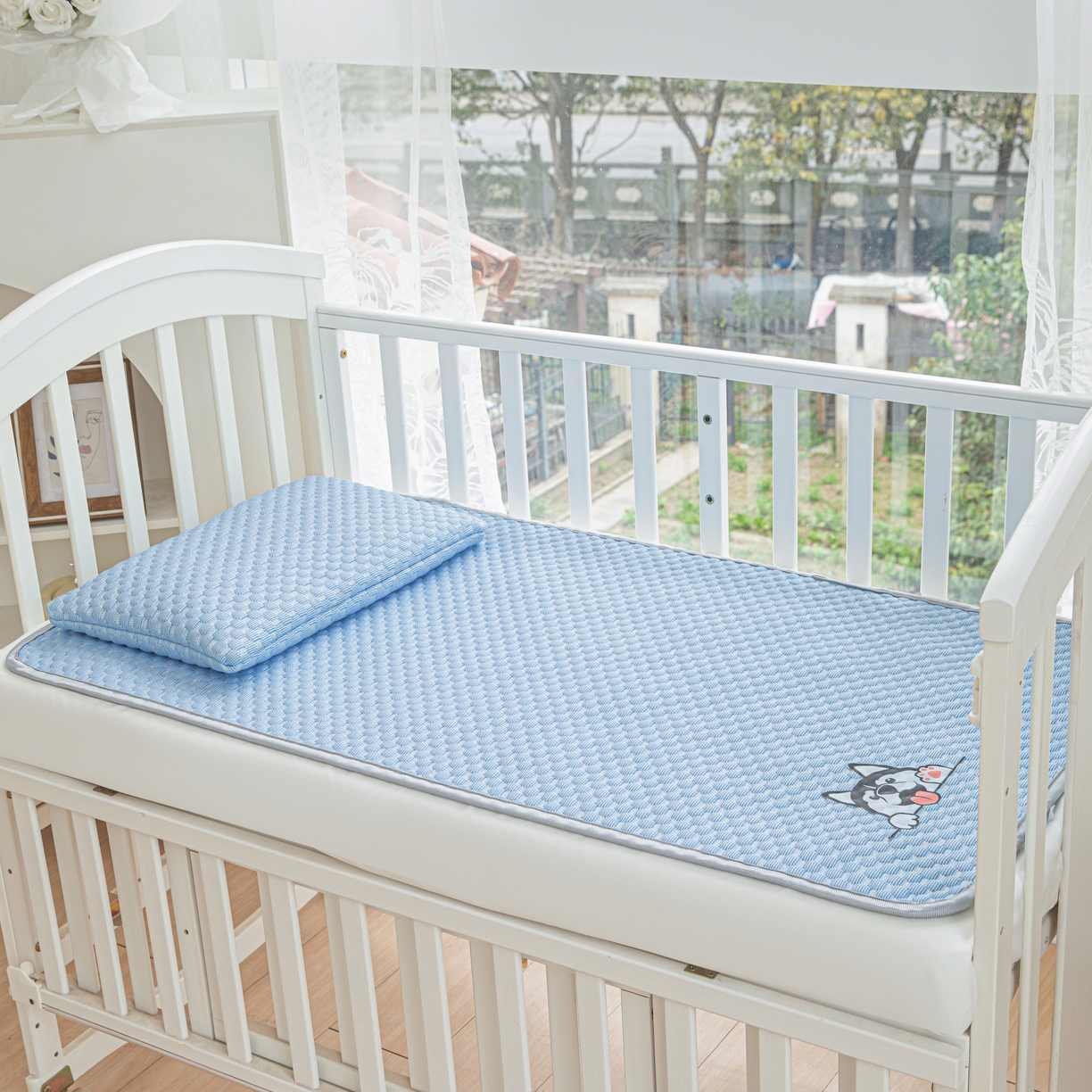 91家纺网 家纺一手货源 找家纺 宅部落 2024年新款凉感豆豆幼儿园幼婴儿儿童凉席 哈士奇-深蓝