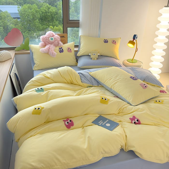 91家纺网 家纺一手货源 找家纺 曼谷 年新款多巴胺毛巾绣四件套柔软磨毛床上用品水洗棉套件 多巴胺-奶黄浅蓝