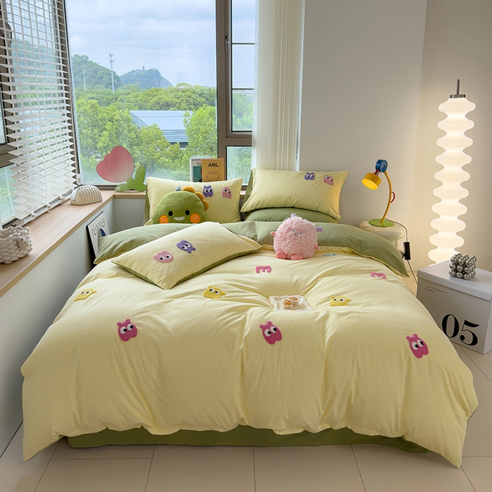 91家纺网 家纺一手货源 找家纺 曼谷 年新款多巴胺毛巾绣四件套柔软磨毛床上用品水洗棉套件 多巴胺-奶黄清绿