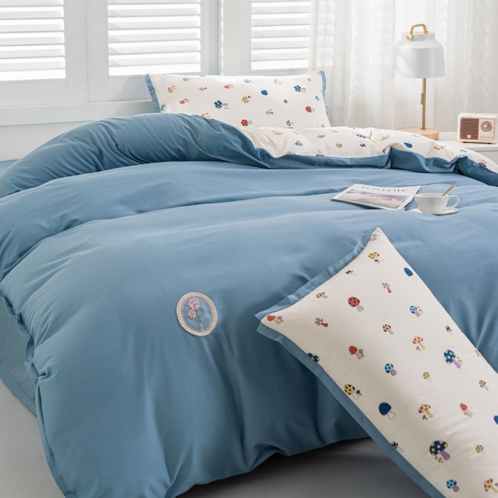 91家纺网 家纺一手货源 找家纺 优姿家纺 新款纯棉长绒棉小清新ins风印花四件套-系列一 彩蘑菇