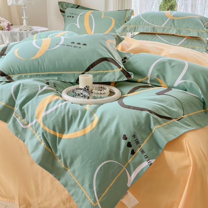 91家纺网 家纺一手货源 找家纺 7V 小清新大宽边100%纯棉法式四件套轻奢13376全棉喷气宽幅长绒棉被套床单床笠套件 圈点幸福