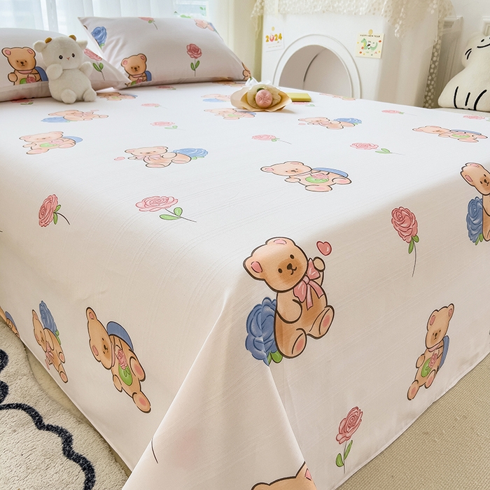 91家纺网 家纺一手货源 找家纺 芃成家纺 2024新款老粗布床单款 玫瑰小熊