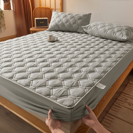 胜权家纺 2024新款亲肤夹棉格子防水床笠足球灰