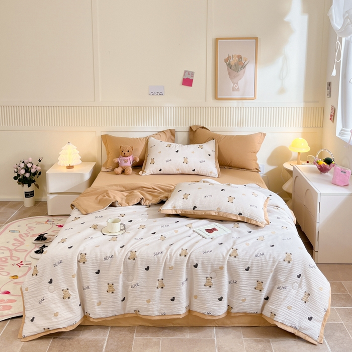 91家纺网 家纺一手货源 找家纺 2024新款泡泡棉小缺角工艺夏被四件套 爱心小熊