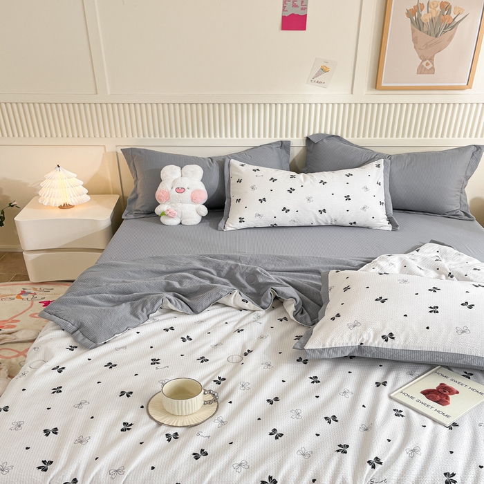 91家纺网 家纺一手货源 找家纺 2024新款泡泡棉小缺角工艺夏被四件套 蝴蝶结