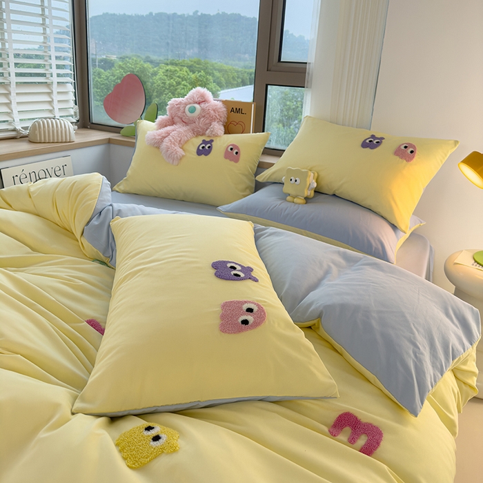 91家纺网 家纺一手货源 找家纺 曼谷 年新款多巴胺毛巾绣四件套柔软磨毛床上用品水洗棉套件 多巴胺-奶黄浅蓝