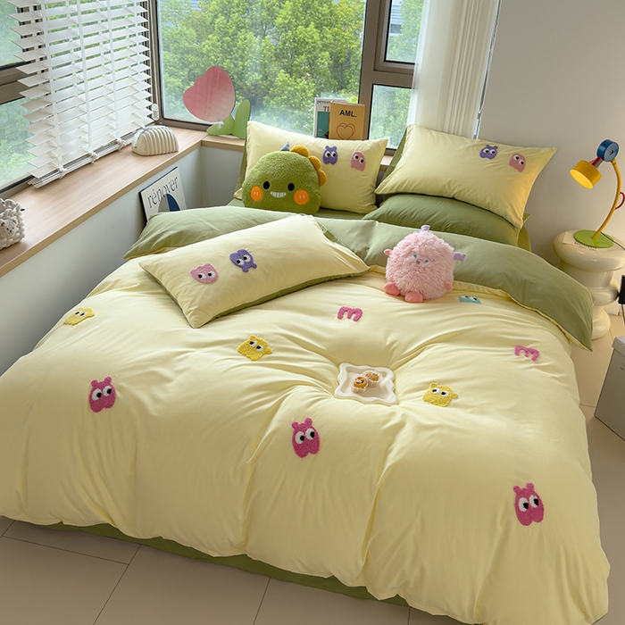 91家纺网 家纺一手货源 找家纺 曼谷 年新款多巴胺毛巾绣四件套柔软磨毛床上用品水洗棉套件 多巴胺-奶黄清绿