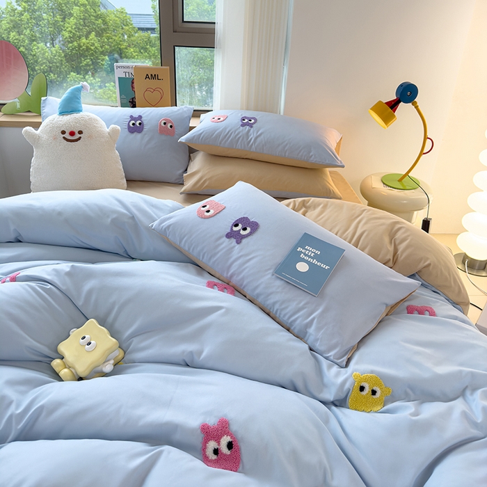 91家纺网 家纺一手货源 找家纺 曼谷 年新款多巴胺毛巾绣四件套柔软磨毛床上用品水洗棉套件 多巴胺-浅蓝奶茶