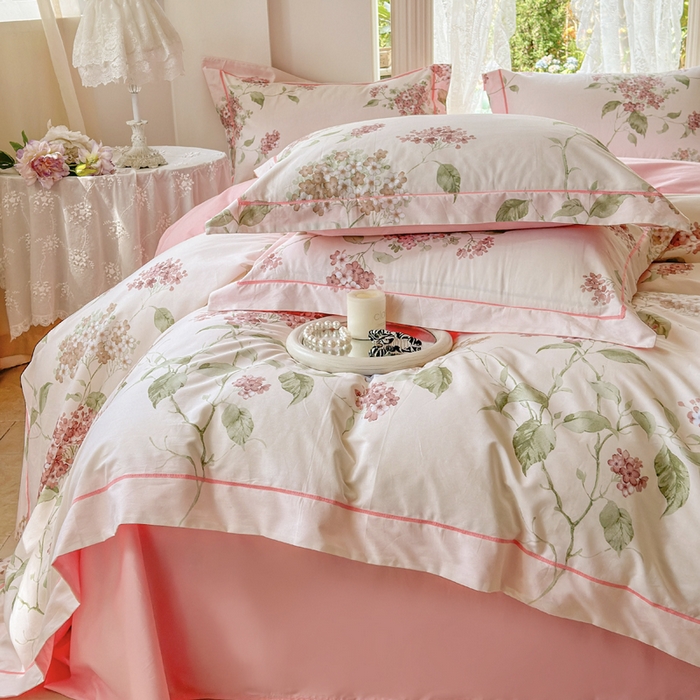 91家纺网 家纺一手货源 找家纺 7V 小清新大宽边100%纯棉法式四件套轻奢13376全棉喷气宽幅长绒棉被套床单床笠套件 南枝-粉