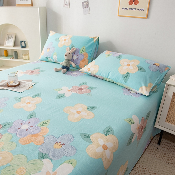 91家纺网 家纺一手货源 找家纺 芃成 2024新款老粗布床笠款 总2 幸运花朵 蓝