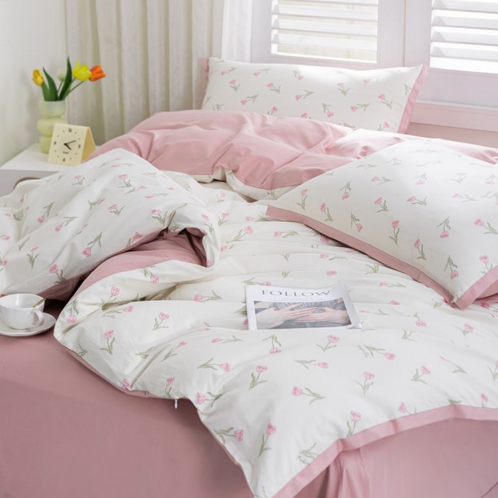 91家纺网 家纺一手货源 找家纺 优姿家纺 新款纯棉长绒棉小清新ins风印花四件套-系列一 堇色