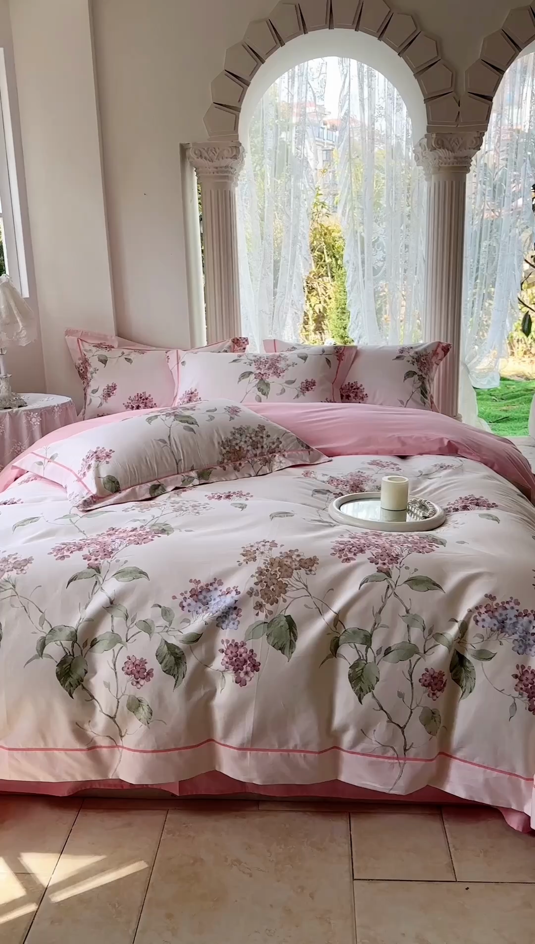 91家纺网 家纺一手货源 找家纺 7V 小清新大宽边100%纯棉法式四件套轻奢13376全棉喷气宽幅长绒棉被套床单床笠套件 南枝-粉