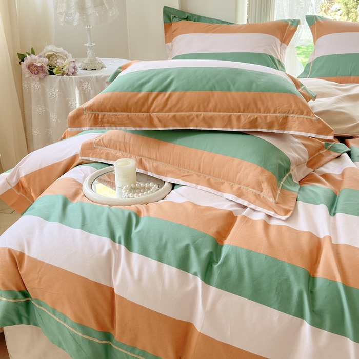 91家纺网 家纺一手货源 找家纺 7V 小清新大宽边100%纯棉法式四件套轻奢13376全棉喷气宽幅长绒棉被套床单床笠套件 乐享时光