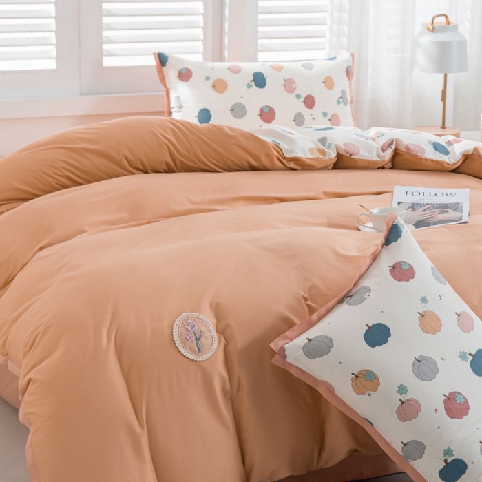 91家纺网 家纺一手货源 找家纺 优姿家纺 新款纯棉长绒棉小清新ins风印花四件套-系列一 南瓜酥-米