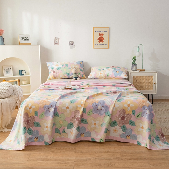 91家纺网 家纺一手货源 找家纺 芃成 2024新款老粗布床笠款 总2 幸运花朵 粉