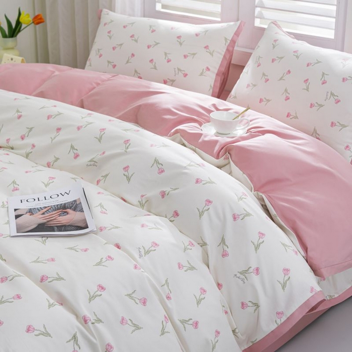 91家纺网 家纺一手货源 找家纺 优姿家纺 新款纯棉长绒棉小清新ins风印花四件套-系列一 堇色