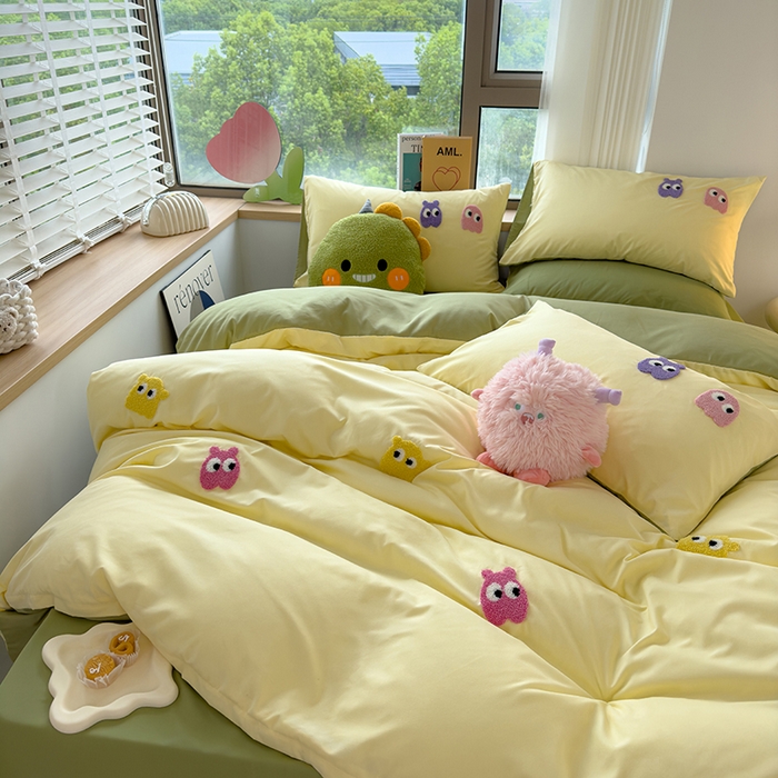 91家纺网 家纺一手货源 找家纺 曼谷 年新款多巴胺毛巾绣四件套柔软磨毛床上用品水洗棉套件 多巴胺-奶黄清绿