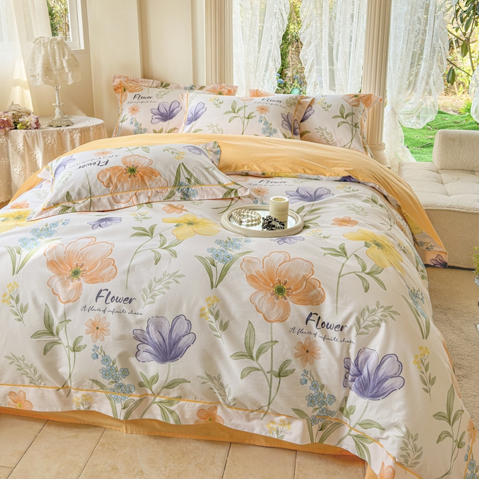 91家纺网 家纺一手货源 找家纺 7V 小清新大宽边100%纯棉法式四件套轻奢13376全棉喷气宽幅长绒棉被套床单床笠套件 半夏花海