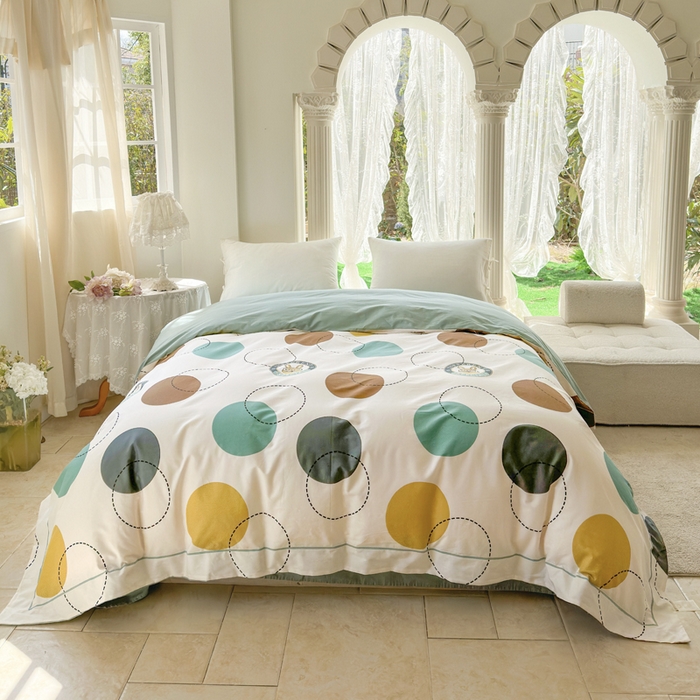 91家纺网 家纺一手货源 找家纺 7V 小清新大宽边100%纯棉法式四件套轻奢13376全棉喷气宽幅长绒棉被套床单床笠套件 动感兔-米