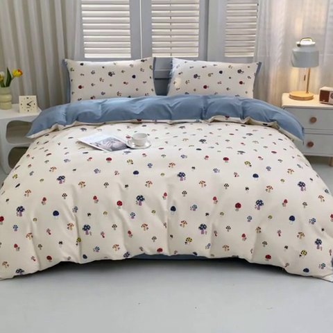 91家纺网 家纺一手货源 找家纺 优姿家纺 新款纯棉长绒棉小清新ins风印花四件套-系列一 彩蘑菇