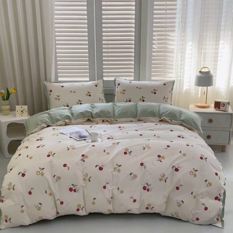 91家纺网 家纺一手货源 找家纺 优姿家纺 新款纯棉长绒棉小清新ins风印花四件套-系列一 樱桃兔