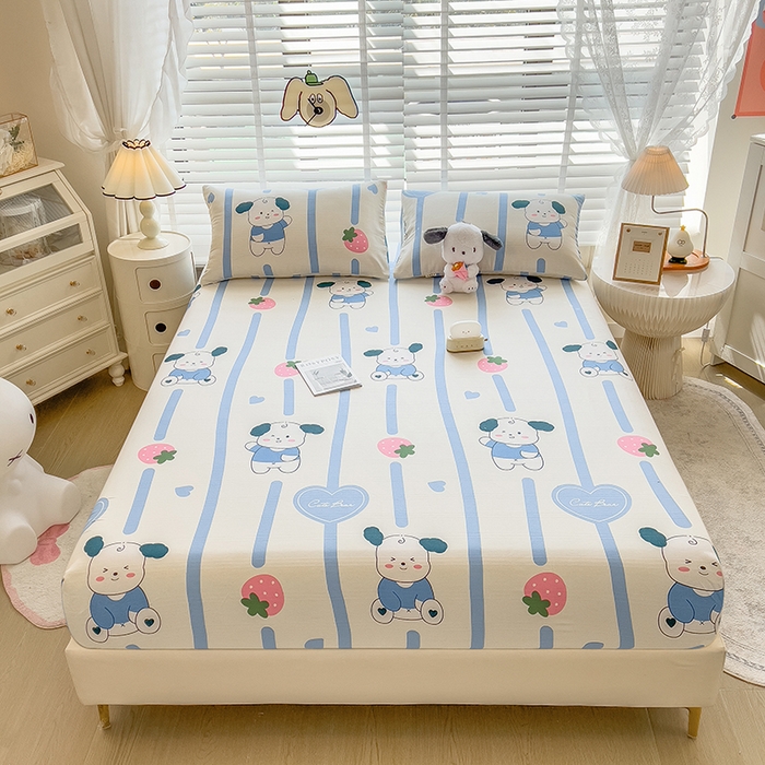 91家纺网 家纺一手货源 找家纺 芃成 2024新款老粗布床笠款 总2 小萌狗-蓝