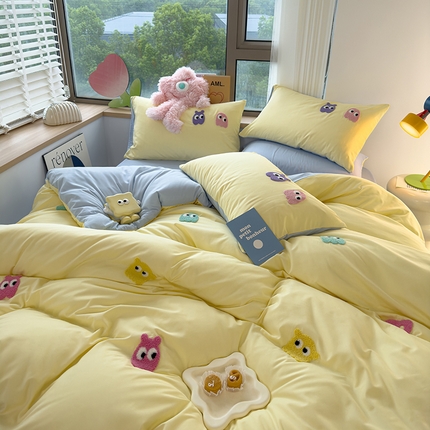 曼谷 年新款多巴胺毛巾绣四件套柔软磨毛床上用品水洗棉套件 多巴胺-奶黄浅蓝