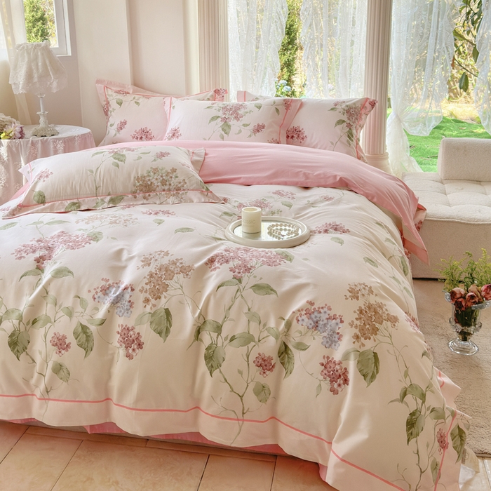 91家纺网 家纺一手货源 找家纺 7V 小清新大宽边100%纯棉法式四件套轻奢13376全棉喷气宽幅长绒棉被套床单床笠套件 南枝-粉