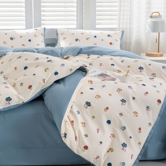 91家纺网 家纺一手货源 找家纺 优姿家纺 新款纯棉长绒棉小清新ins风印花四件套-系列一 彩蘑菇