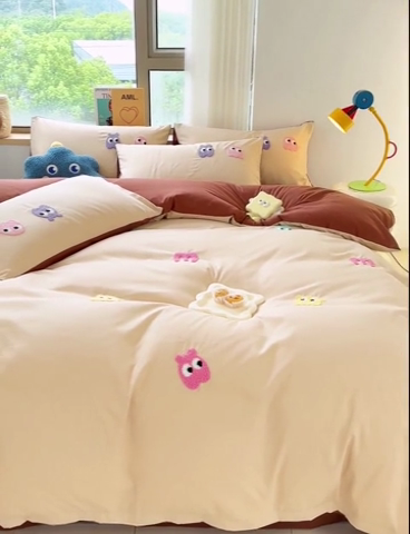 91家纺网 家纺一手货源 找家纺 曼谷 年新款多巴胺毛巾绣四件套柔软磨毛床上用品水洗棉套件 多巴胺-奶茶咖啡