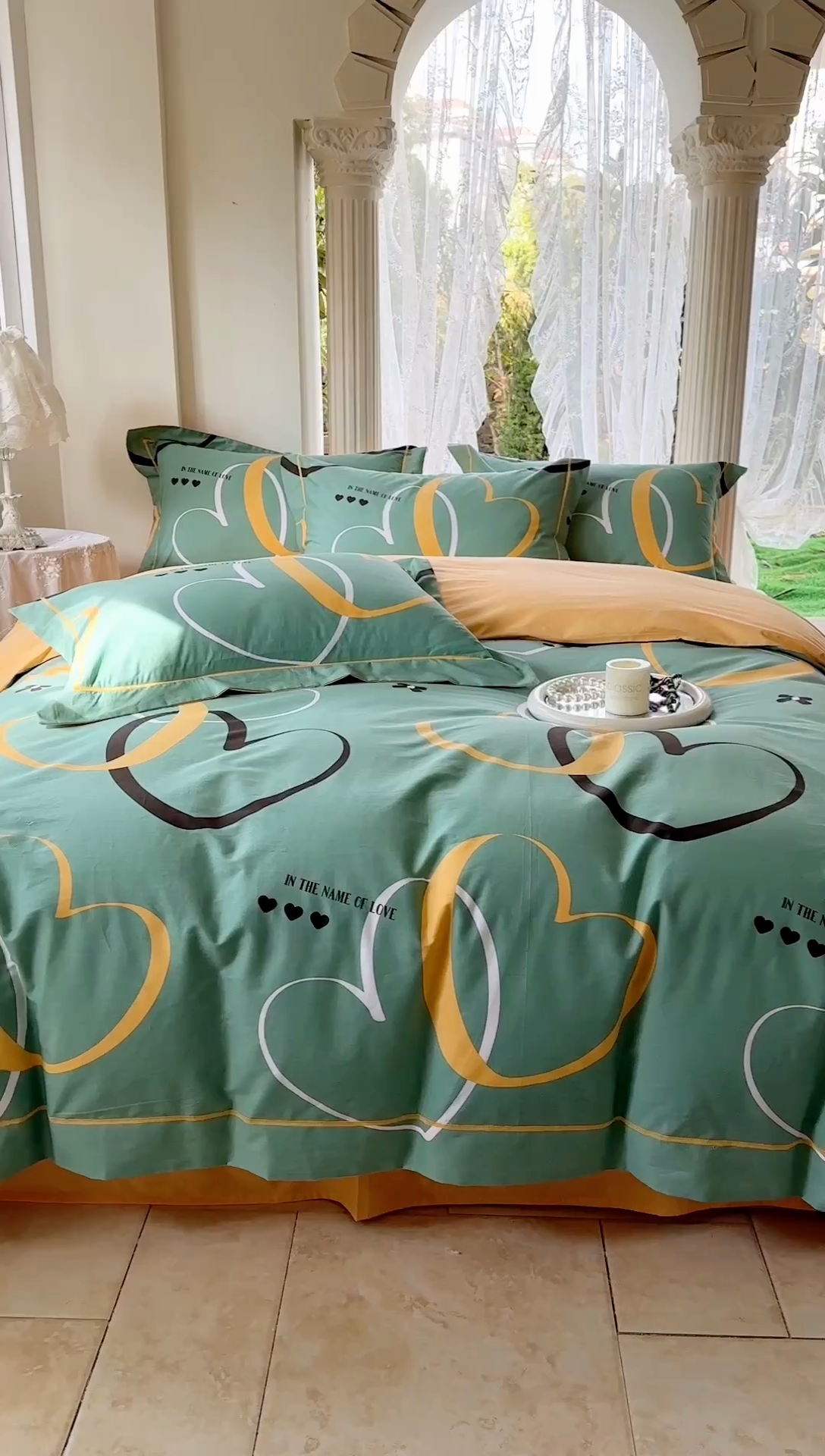 91家纺网 家纺一手货源 找家纺 7V 小清新大宽边100%纯棉法式四件套轻奢13376全棉喷气宽幅长绒棉被套床单床笠套件 圈点幸福