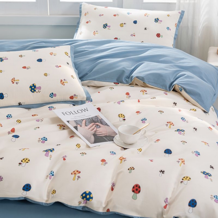 91家纺网 家纺一手货源 找家纺 优姿家纺 新款纯棉长绒棉小清新ins风印花四件套-系列一 彩蘑菇