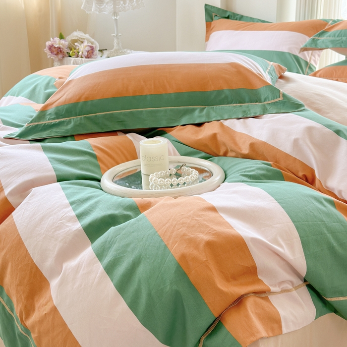 91家纺网 家纺一手货源 找家纺 7V 小清新大宽边100%纯棉法式四件套轻奢13376全棉喷气宽幅长绒棉被套床单床笠套件 乐享时光