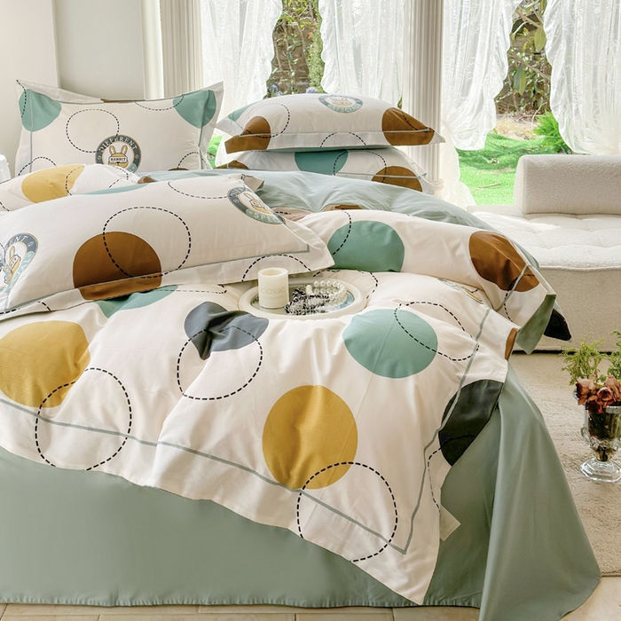 91家纺网 家纺一手货源 找家纺 7V 小清新大宽边100%纯棉法式四件套轻奢13376全棉喷气宽幅长绒棉被套床单床笠套件 动感兔-米