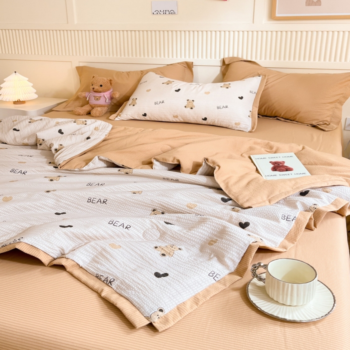 91家纺网 家纺一手货源 找家纺 2024新款泡泡棉小缺角工艺夏被四件套 爱心小熊