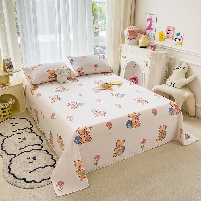 91家纺网 家纺一手货源 找家纺 芃成家纺 2024新款老粗布床单款 玫瑰小熊