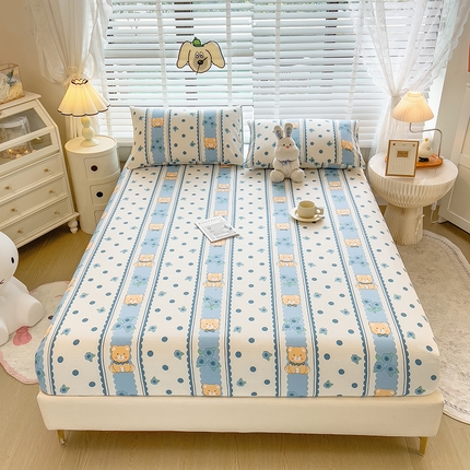 91家纺网 家纺一手货源 找家纺 芃成 2024新款老粗布床笠款 总2 小熊乐园-蓝