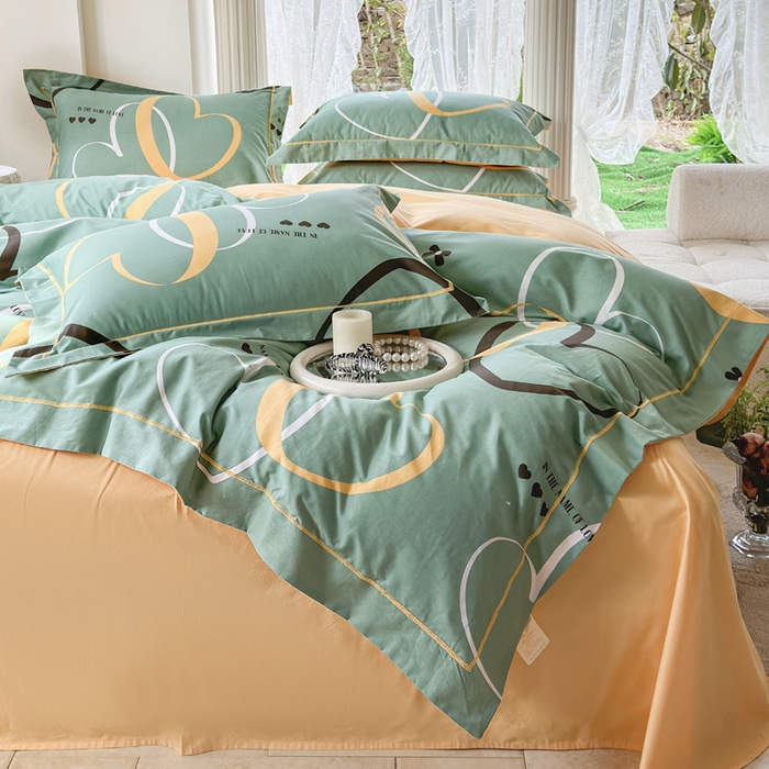 91家纺网 家纺一手货源 找家纺 7V 小清新大宽边100%纯棉法式四件套轻奢13376全棉喷气宽幅长绒棉被套床单床笠套件 圈点幸福