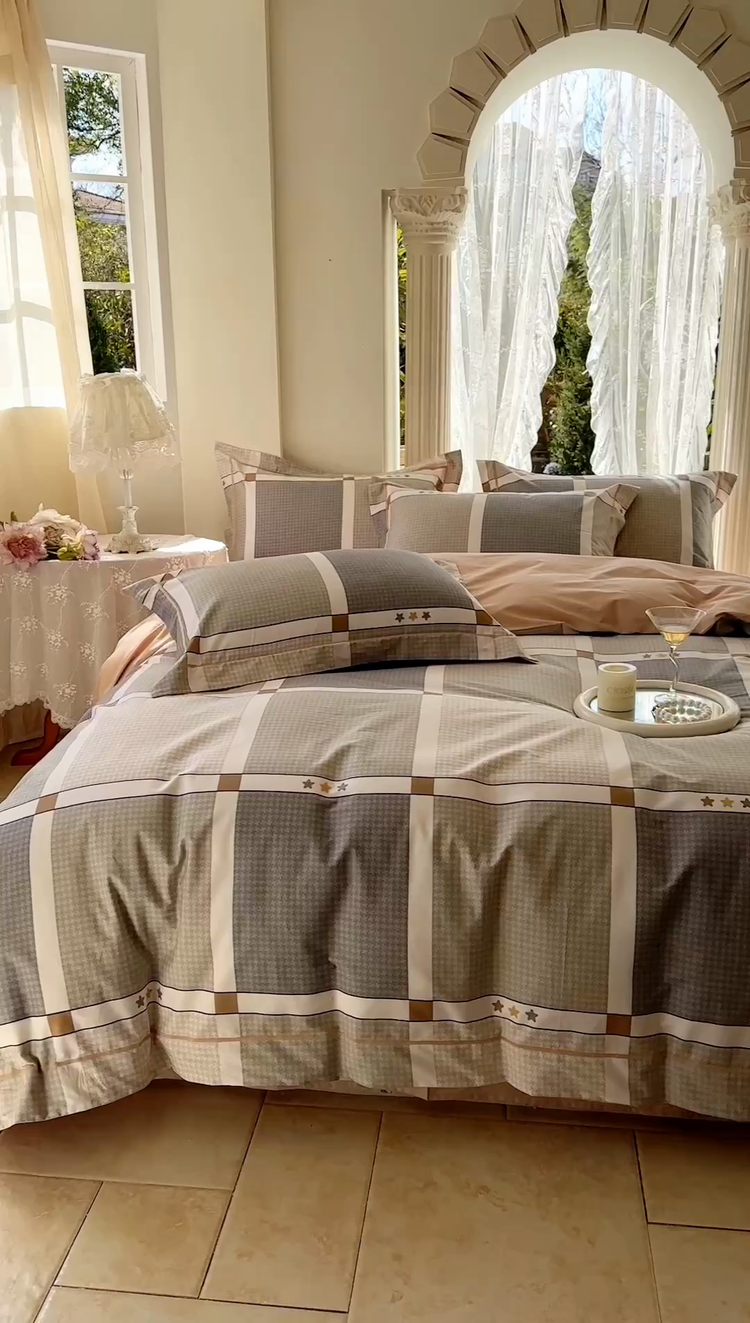 91家纺网 家纺一手货源 找家纺 7V 小清新大宽边100%纯棉法式四件套轻奢13376全棉喷气宽幅长绒棉被套床单床笠套件 自由简约